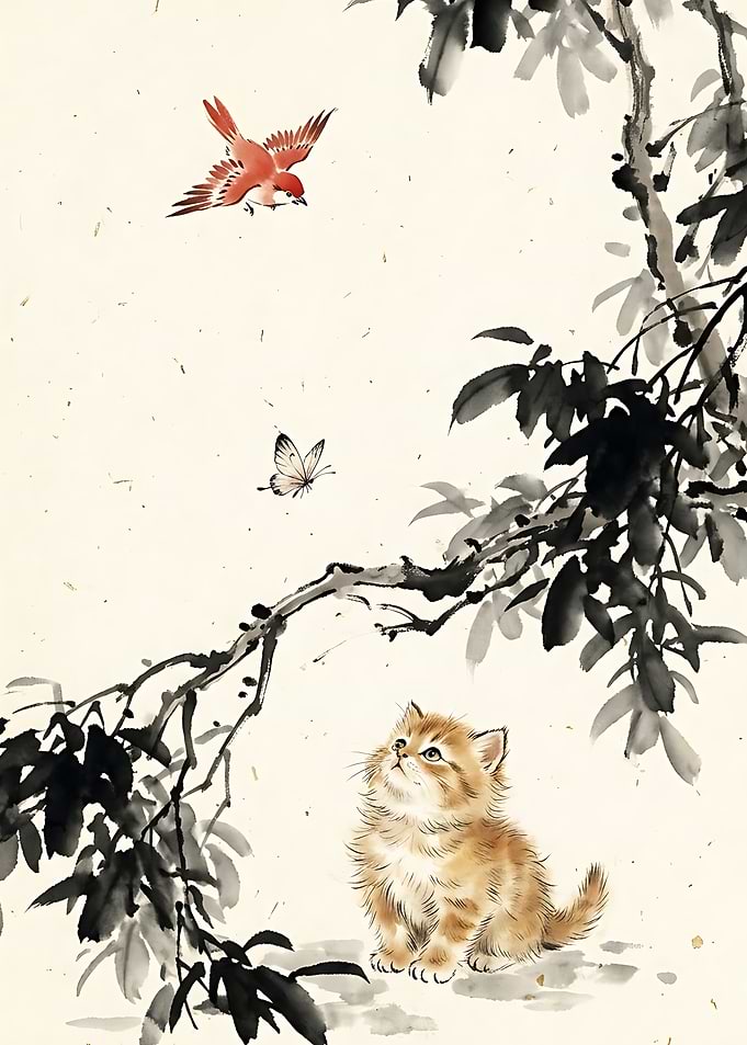 Kitten Watching Bird and Butterfly