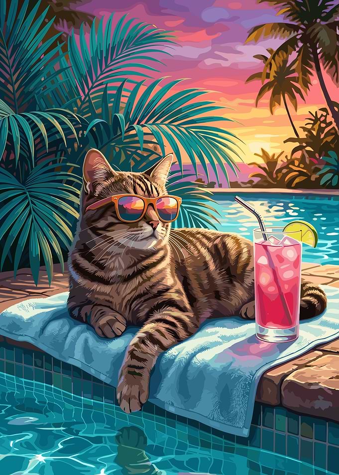 Cool Tabby Cat Relaxing by Pool