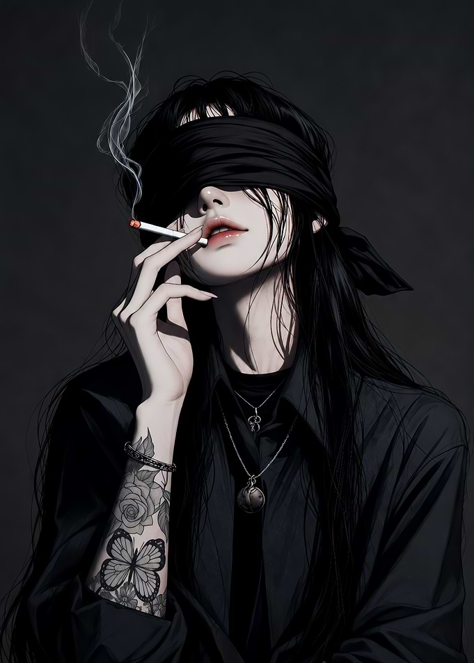Blindfolded Person Smoking with Tattoos