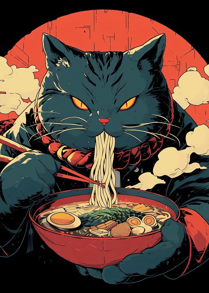 Black Cat Eating Ramen Illustration