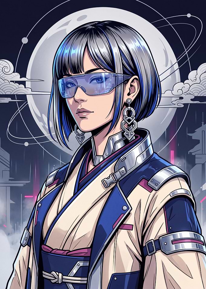 Cyberpunk Anime Girl with Moon Background