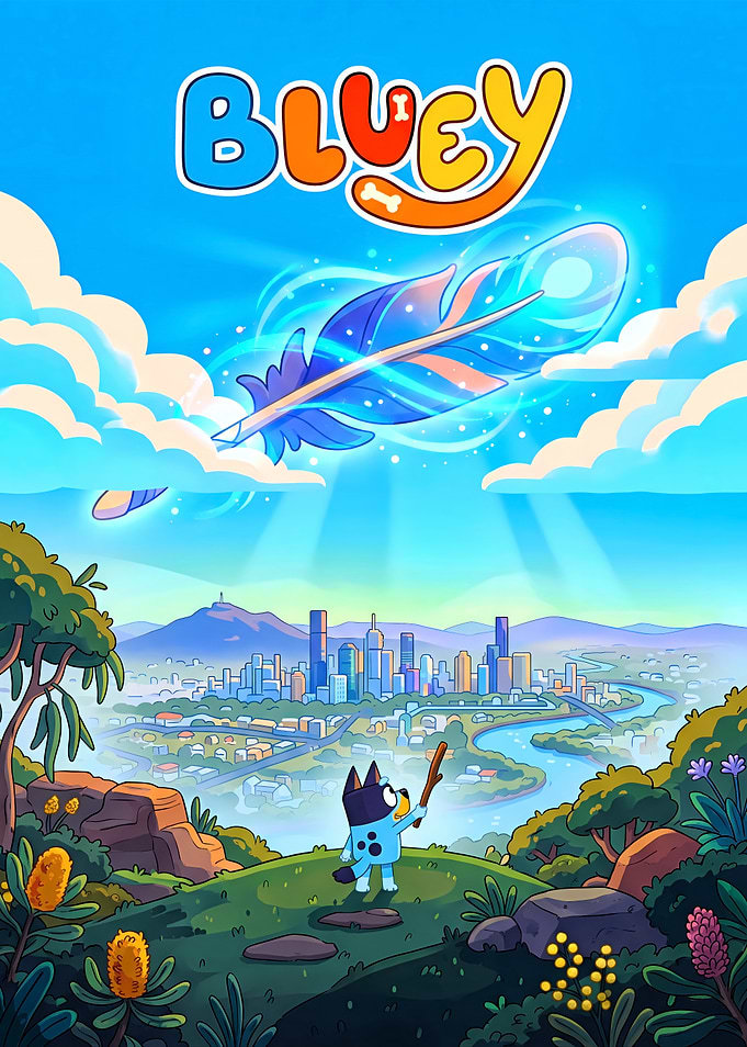 Bluey Standing Over Brisbane Cityscape