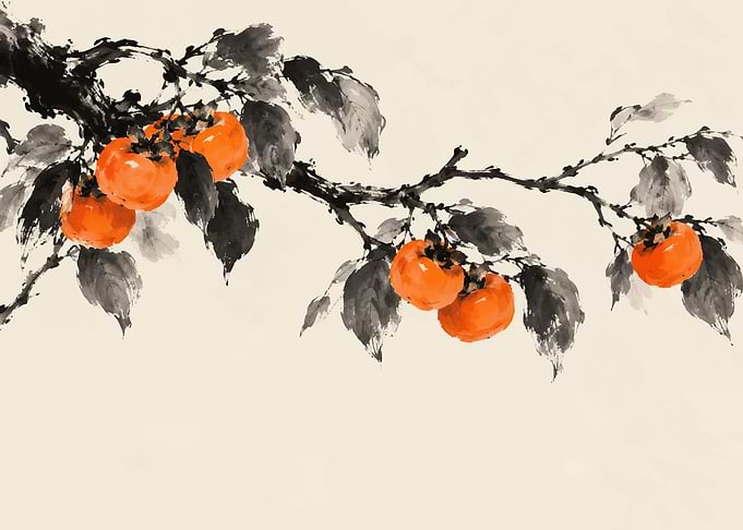 Traditional Ink Wash Persimmon Branch