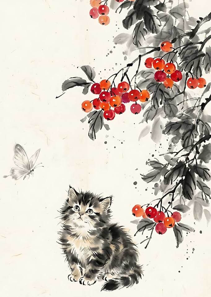 Kitten Watching Butterfly Ink Painting