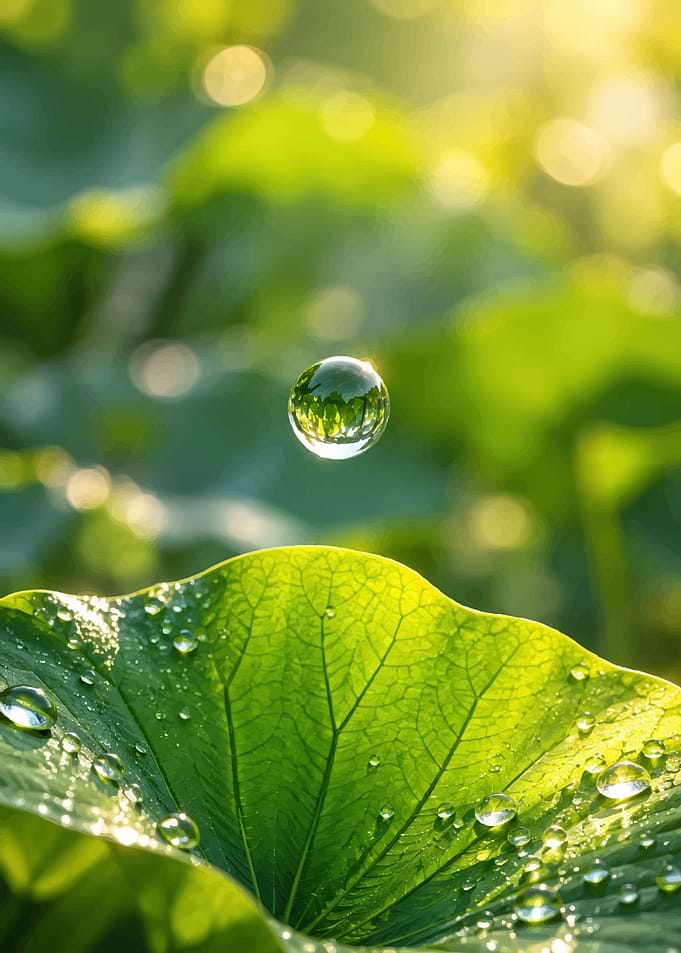 Floating Water Drop on Green Leaf