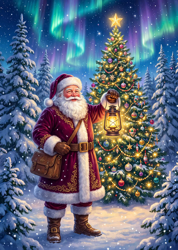 Santa Claus with Lantern and Tree