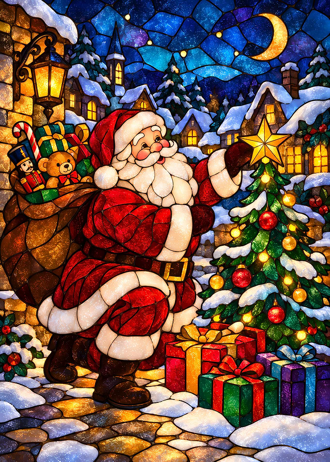 Stained Glass Santa Decorating Tree