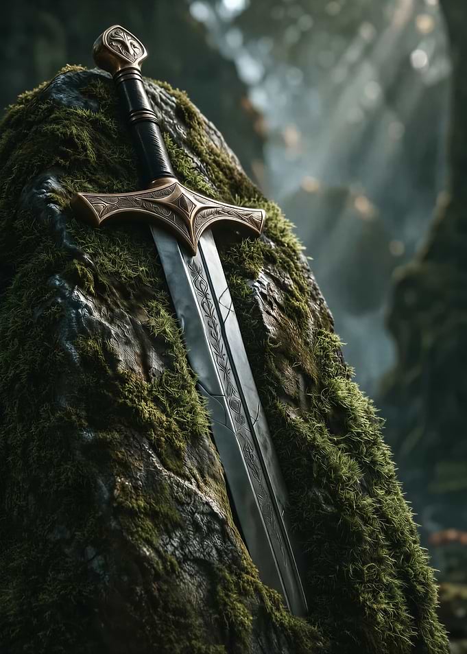 Legendary Sword Embedded in Mossy Stone