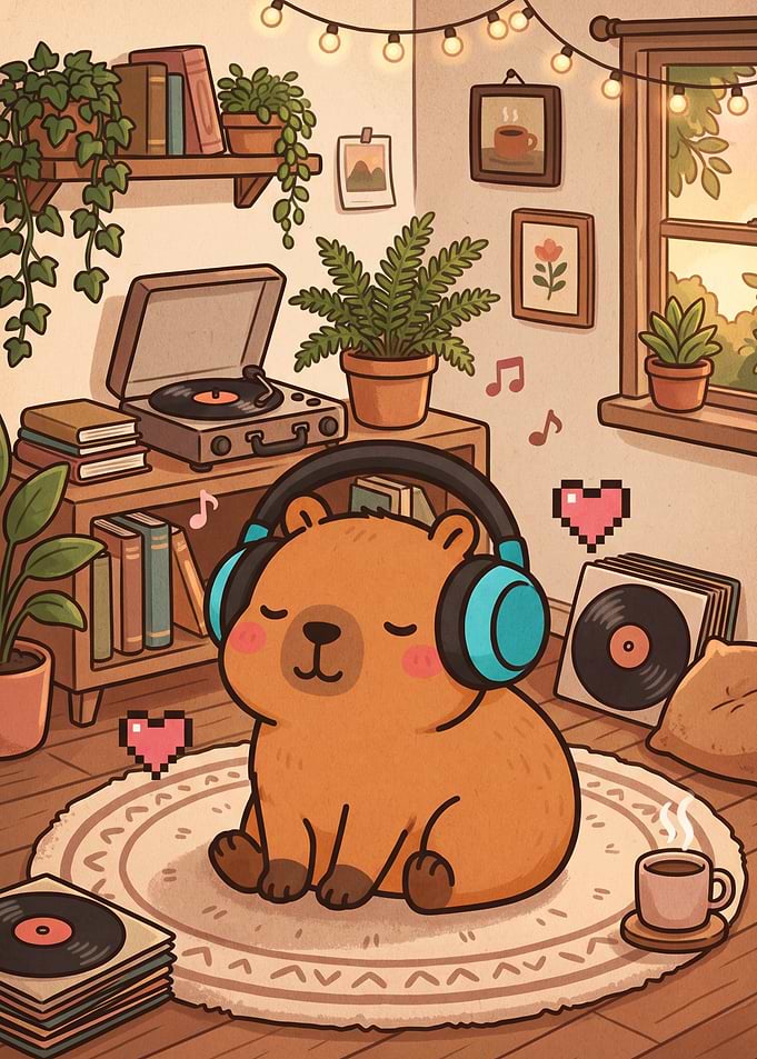 Cute Capybara Listening to Vinyl Records