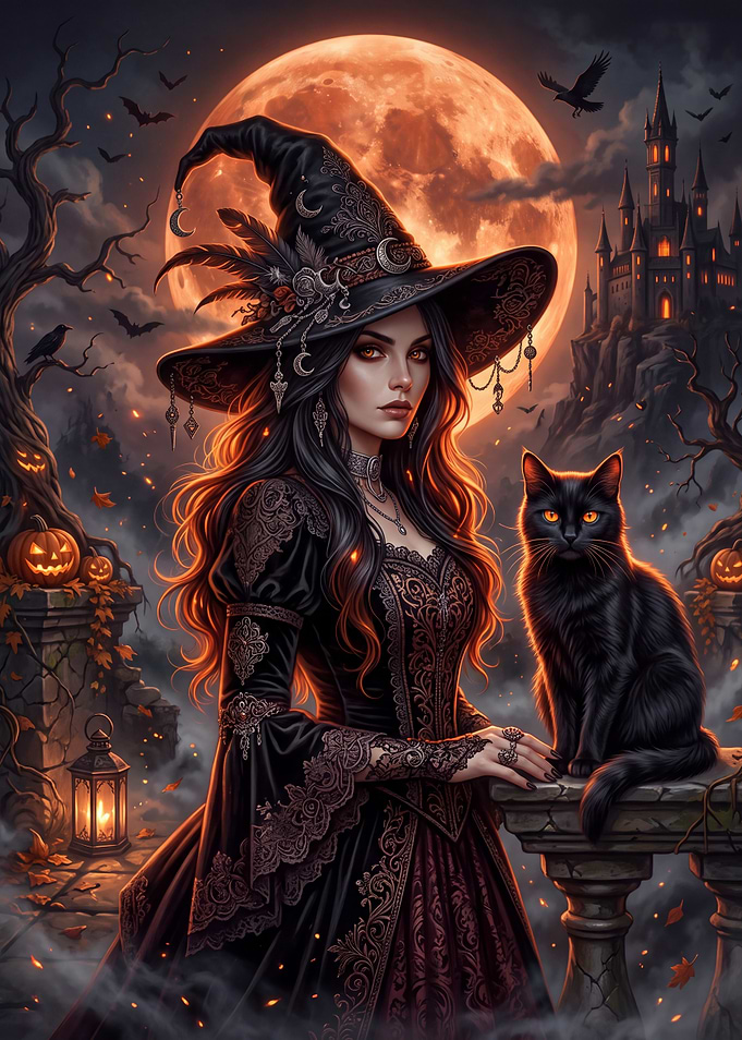 Elegant Witch with Black Cat