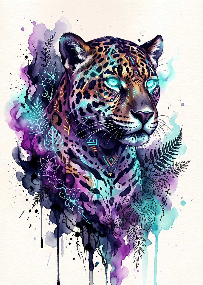 Watercolor Neon Jaguar Portrait