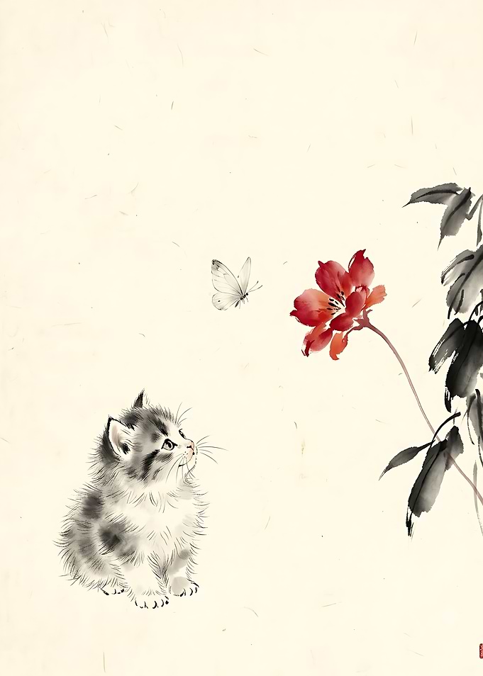 Kitten Watching a Butterfly Ink Painting