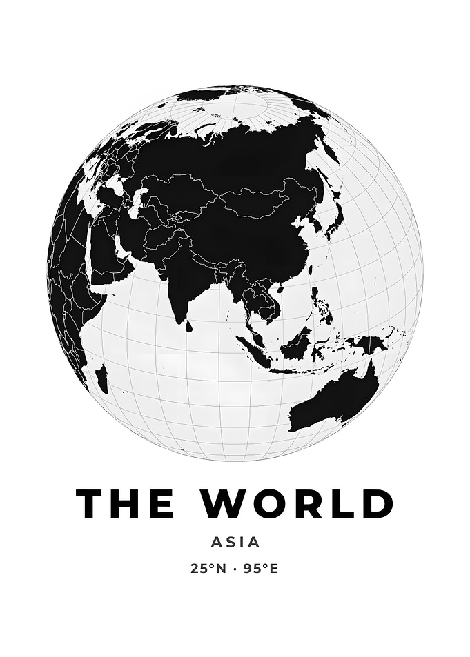 Asia Globe Black And White World Map Print