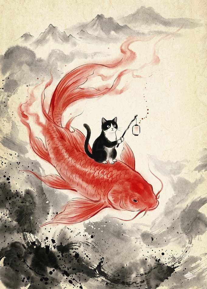 Cat Koi Fish Japanese Art Poster