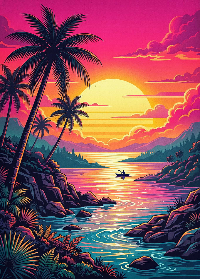 Sunset Beach Palm Trees Retro Art