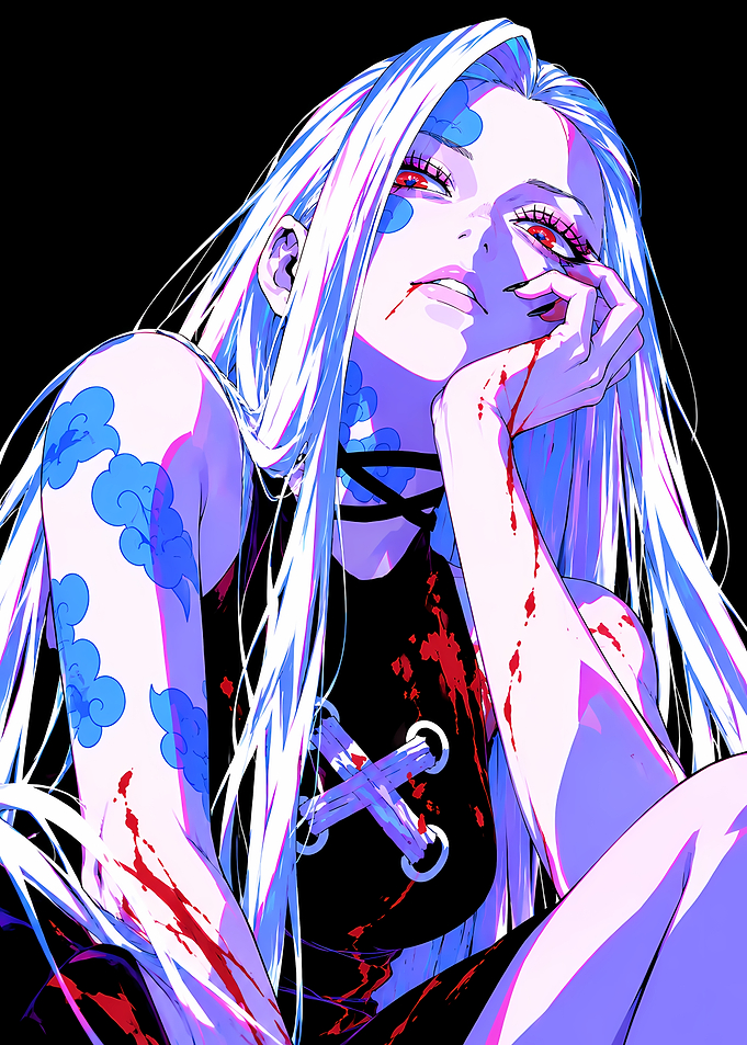Anime Girl with Blue Cloud Tattoos