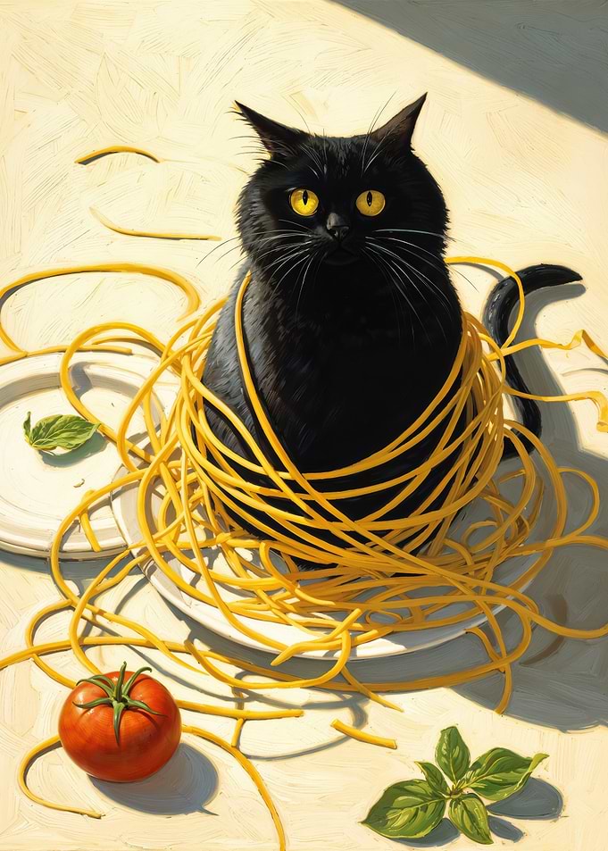 Funny Black Cat Tangled In Spaghetti Pasta