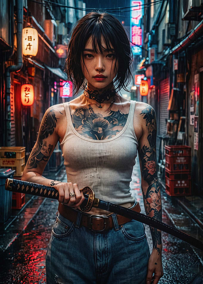 Cyberpunk Samurai Girl Neon Alley A