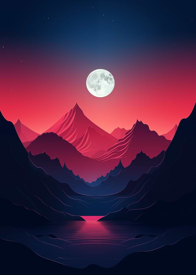 Minimalist Mountain Landscape Under Full Moon