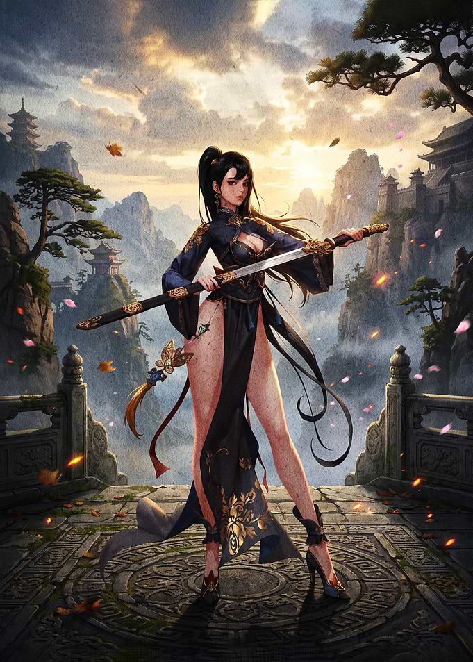 Warrior Woman with Katana in Mountains