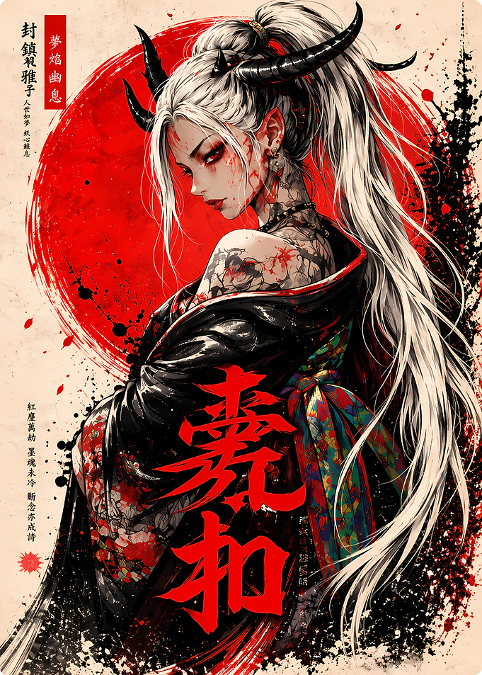 Demon Oni Girl with Red Sun