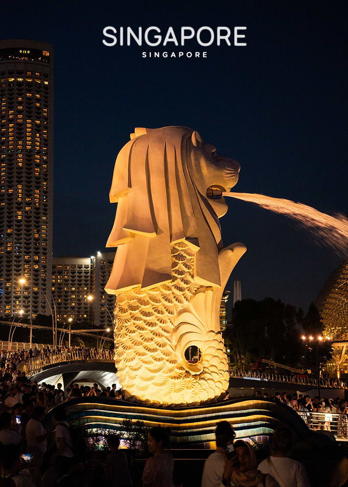 Merlion Statue at Night in Singapore