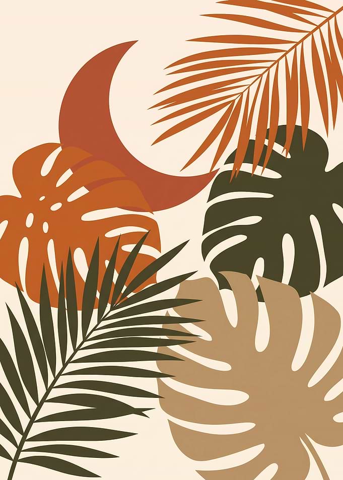 Boho Tropical Leaves and Moon Art