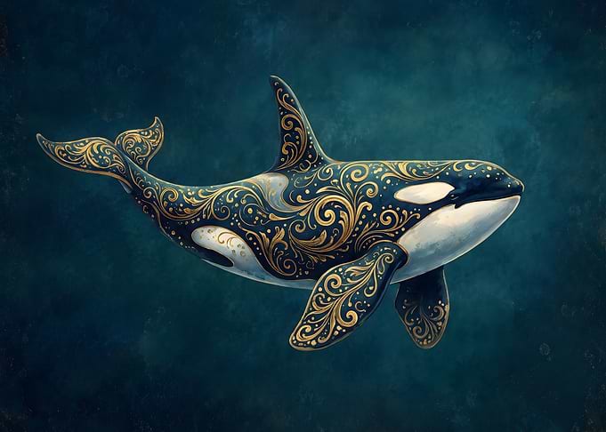 Ornate Golden Filigree Orca Whale