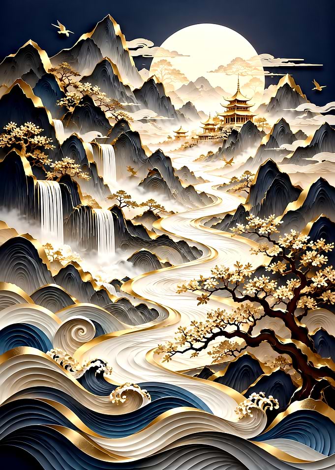 Golden Mountain Landscape with Pagoda