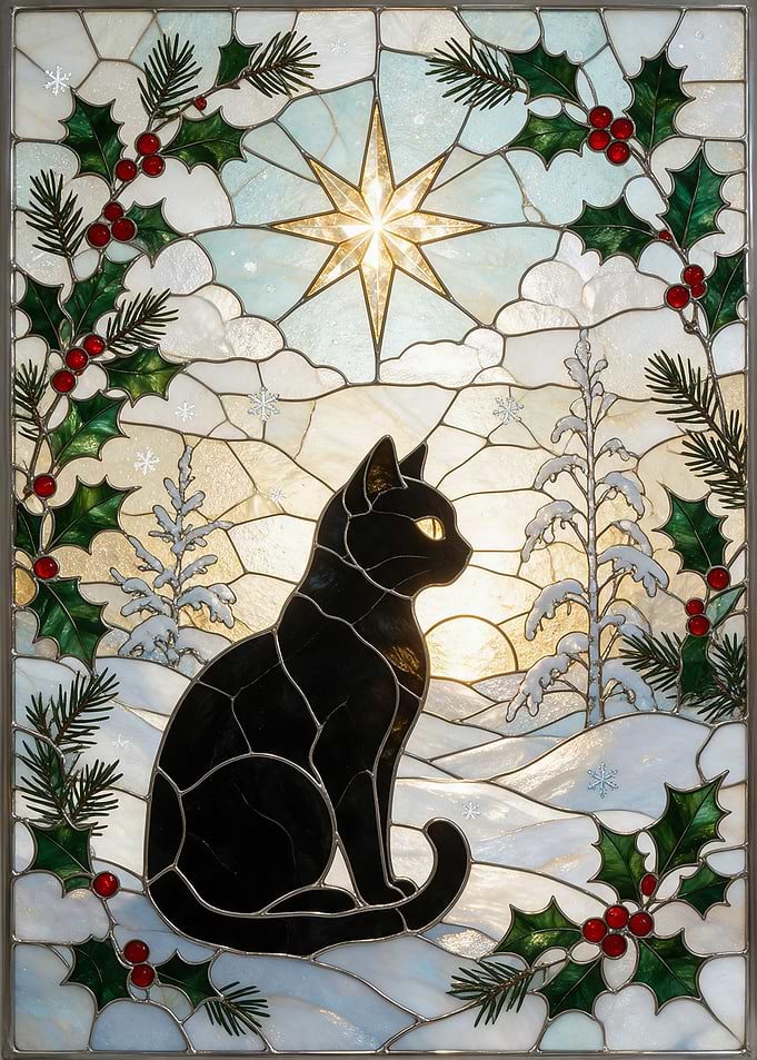 Stained Glass Black Cat Winter Scene