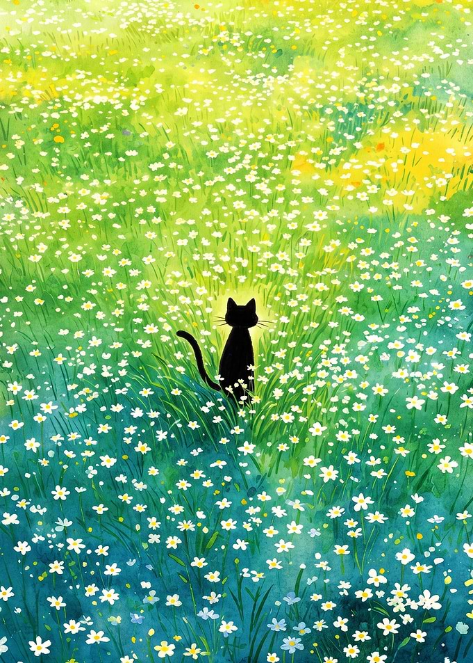 Black Cat in Daisy Field