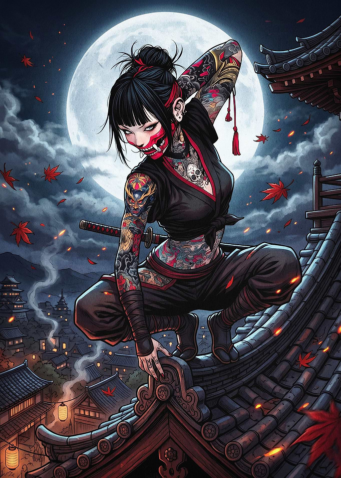 Tattooed Ninja Moon Art Poster
