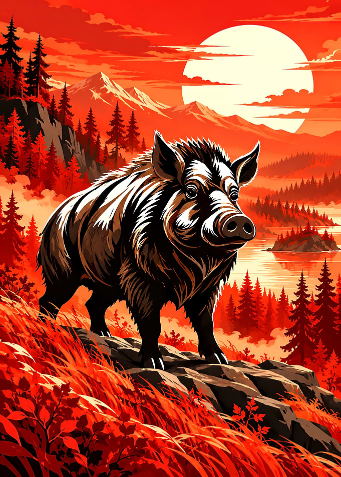 Wild Boar in Red Sunset Landscape