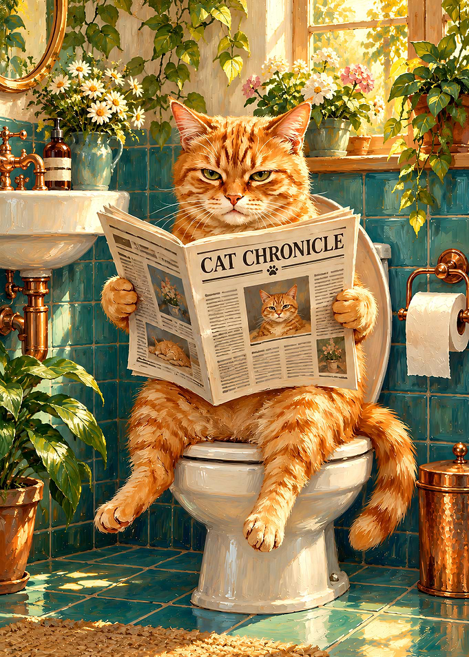 Ginger Cat Reading Newspaper on Toilet