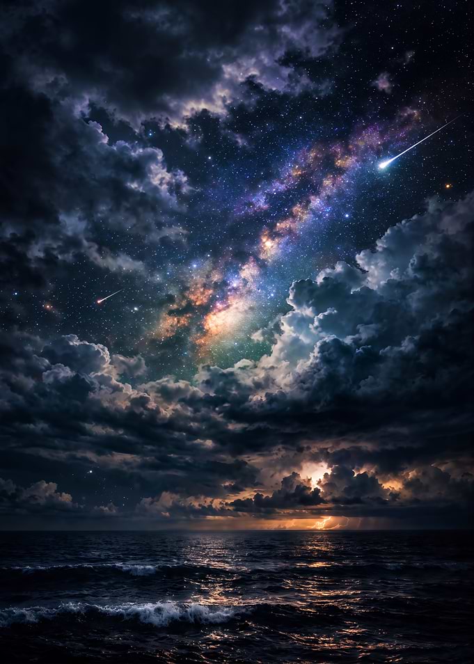 Starlit Ocean Storm with Meteor Shower