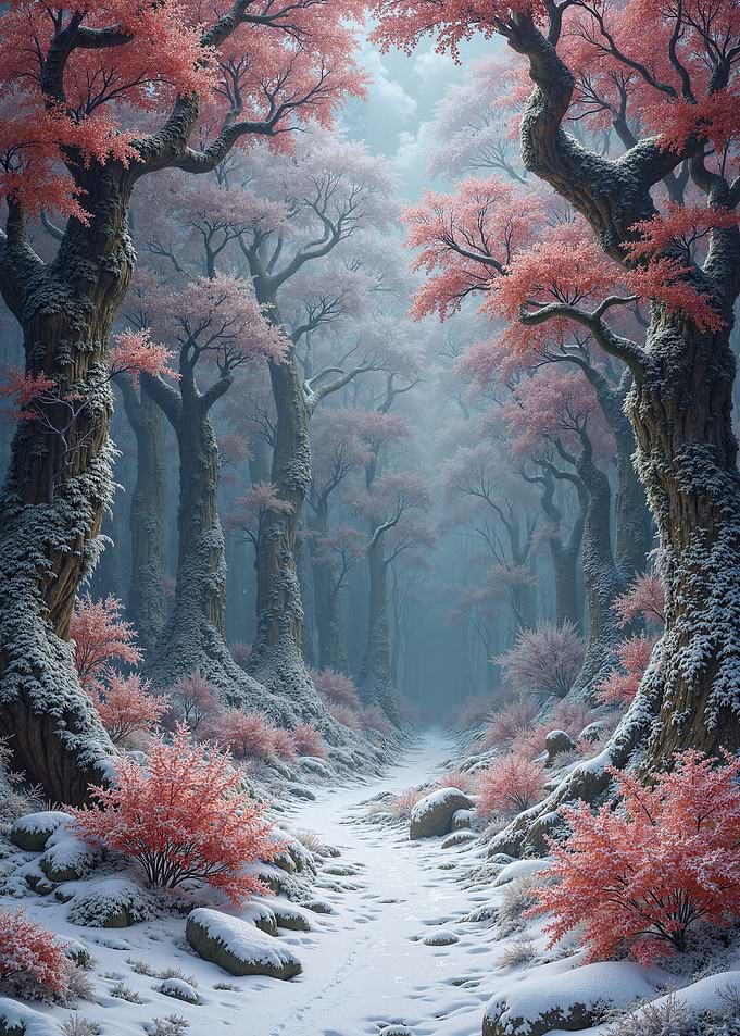 Enchanted Snowy Forest with Pink Foliage