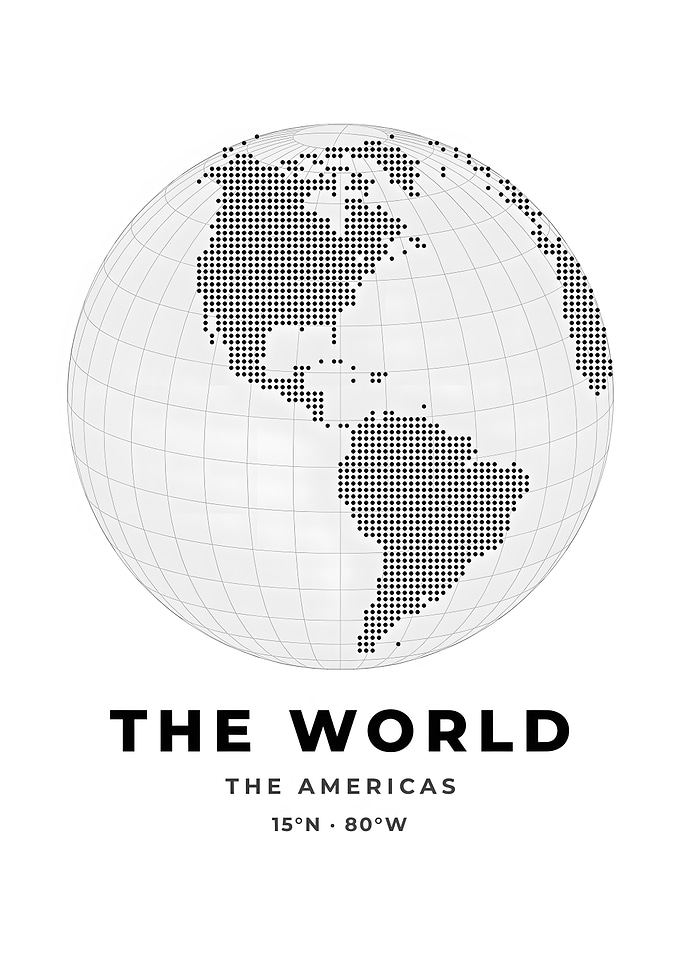 Dotted Americas Globe Black And White World Map Print