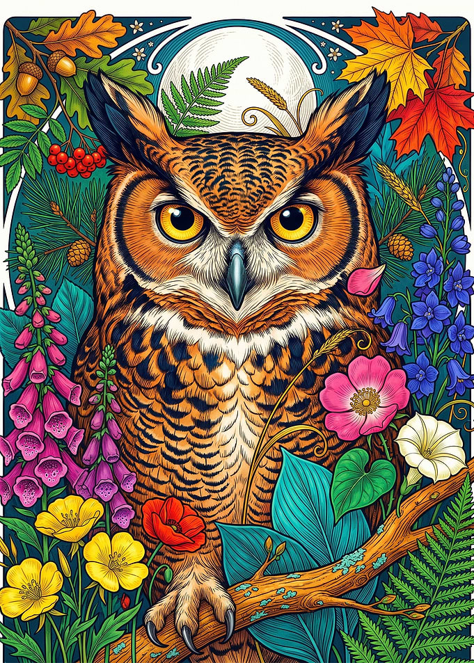 Vibrant Great Horned Owl Illustration