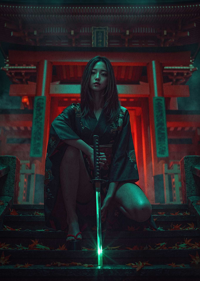 Samurai Girl Katana Cyberpunk Art