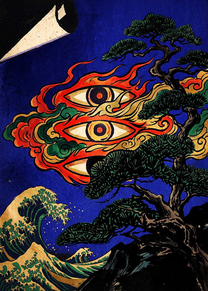 Surreal Japanese Wave and Eye Art