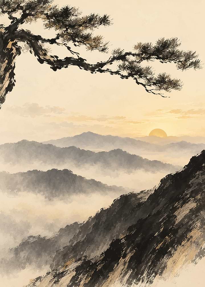Traditional Ink Wash Mountain Landscape