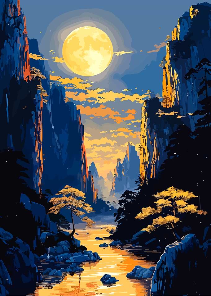 Golden Moon Over Mountain River
