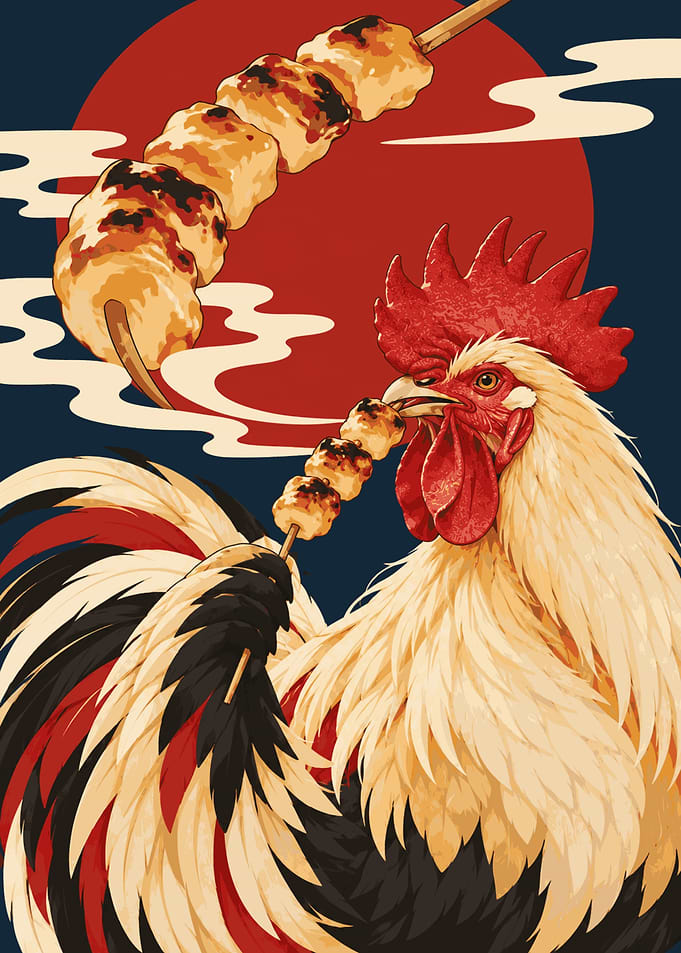 Rooster Eating Yakitori Japanese Art