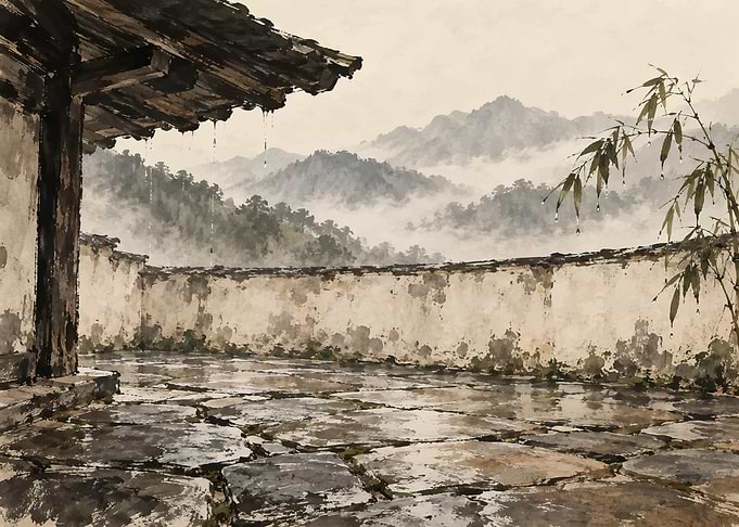 Rainy Traditional Asian Courtyard Landscape