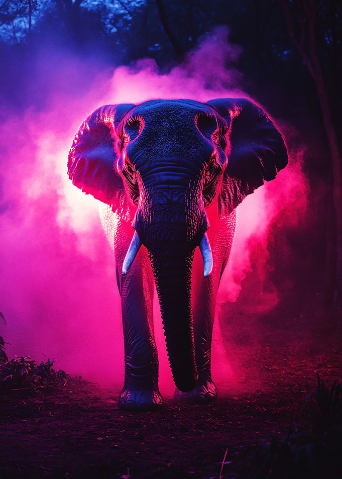 Neon Pink Elephant in Dark Forest