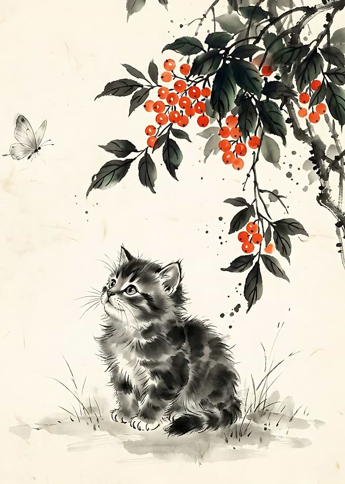 Watercolor Kitten Watching a Butterfly