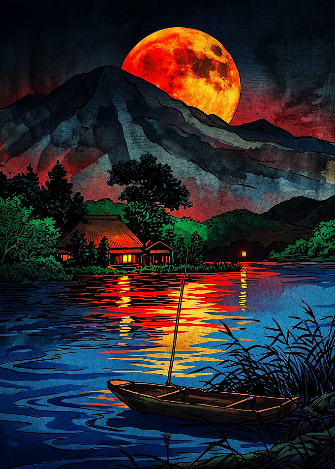 Traditional Japanese Landscape with Red Moon