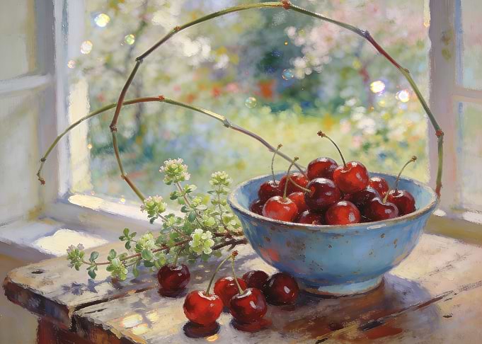 Still Life Painting of Fresh Cherries