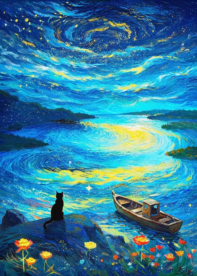 Starry Night Cat Boat Impasto Art