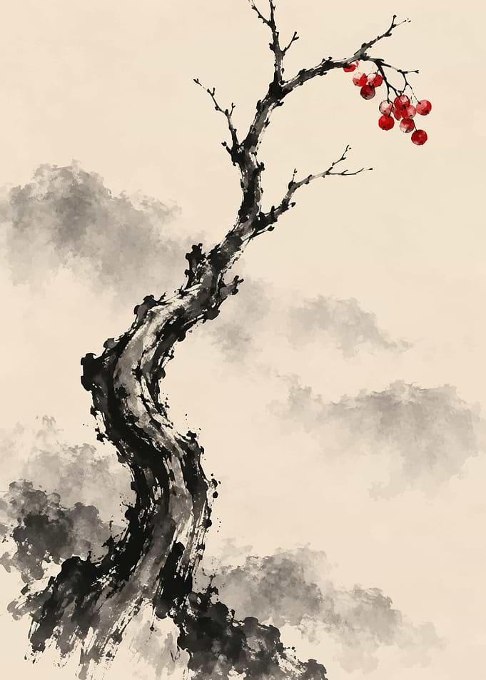 Sumi-e Style Tree with Red Berries